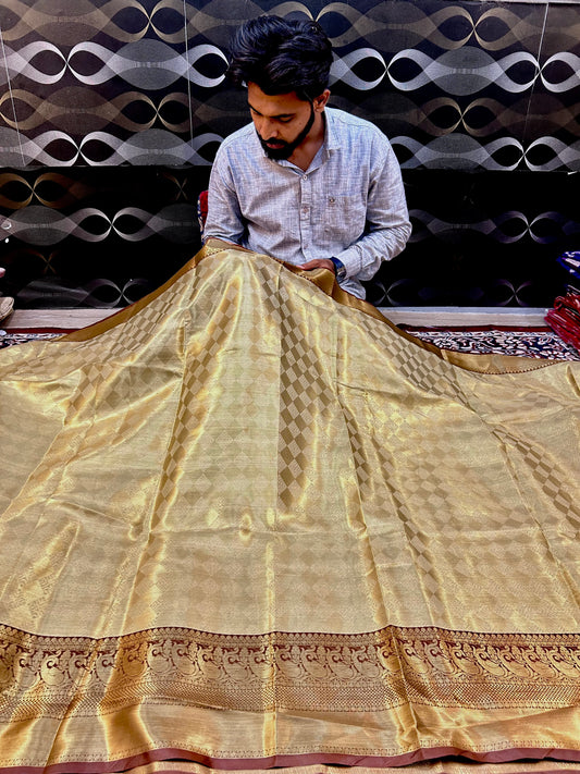 Golden Banarasi Katan Semi Silk Saree – Pooja Hegde Inspired Elegance