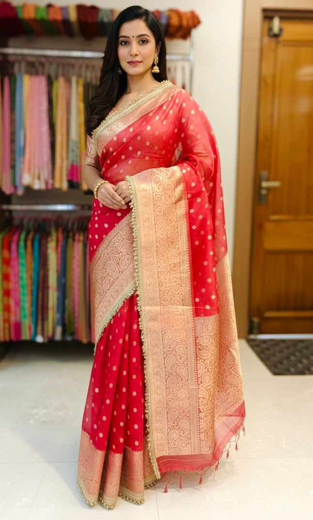 Premium Banarasi Tissue Saree with Golden Zari & Attached Lace Border – Red Bridal Edition