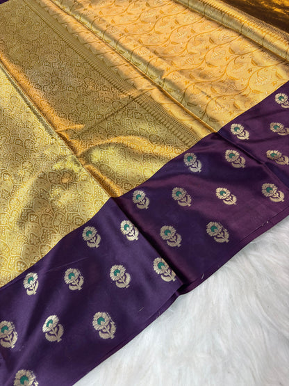 Premium Katan Tissue Saree with Brocade Pallu & Blouse – Golden & Purple