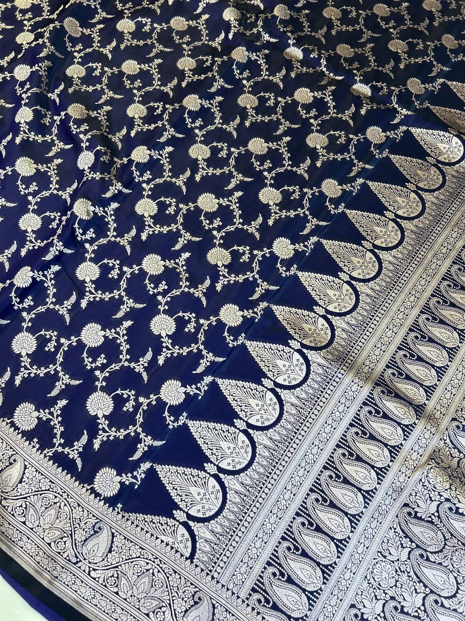 Royal Navy Blue Mashroo Katan Banarasi Silk Saree with Rich Silver Zari Floral Jaal & Grand Paisley Border