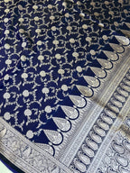 Royal Navy Blue Mashroo Katan Banarasi Silk Saree with Rich Silver Zari Floral Jaal & Grand Paisley Border