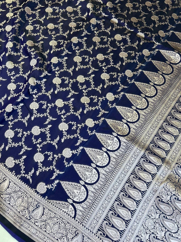 Royal Navy Blue Mashroo Katan Banarasi Silk Saree with Rich Silver Zari Floral Jaal & Grand Paisley Border