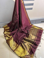 Elegant Maroon Semi Katan Silk Banarasi Saree with Subtle Check Weaving & Golden Border