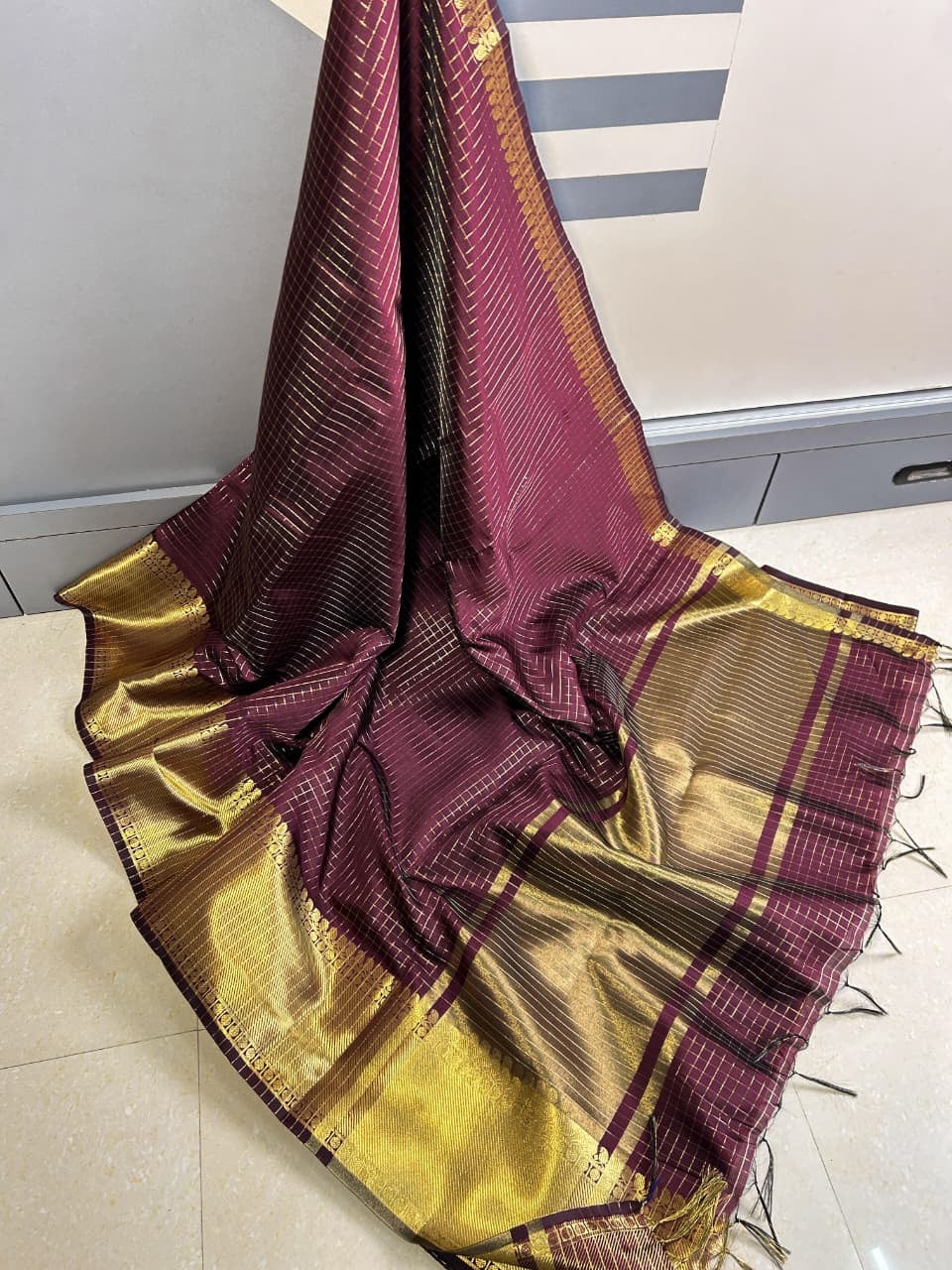 Elegant Maroon Semi Katan Silk Banarasi Saree with Subtle Check Weaving & Golden Border