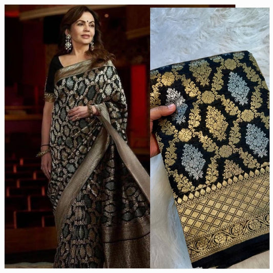 A Nita Ambani Mam-inspired Alfi black semi-katan soft silk saree