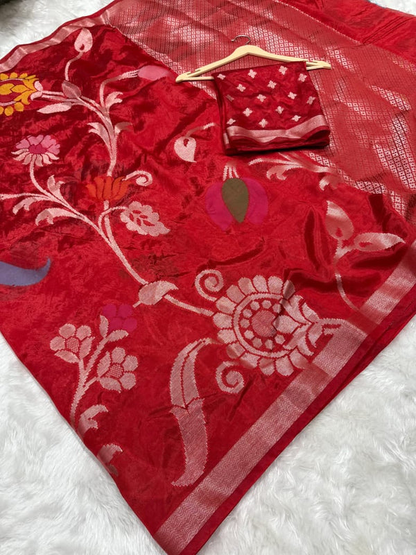 Elegant Red Chinniya Silk Saree with Rich Floral Weaving