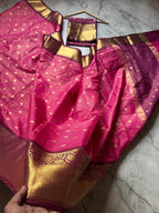 Rich Rani Pink Semi Katan Silk Banarasi Saree with Heavy Golden Zari Border & Buti Work