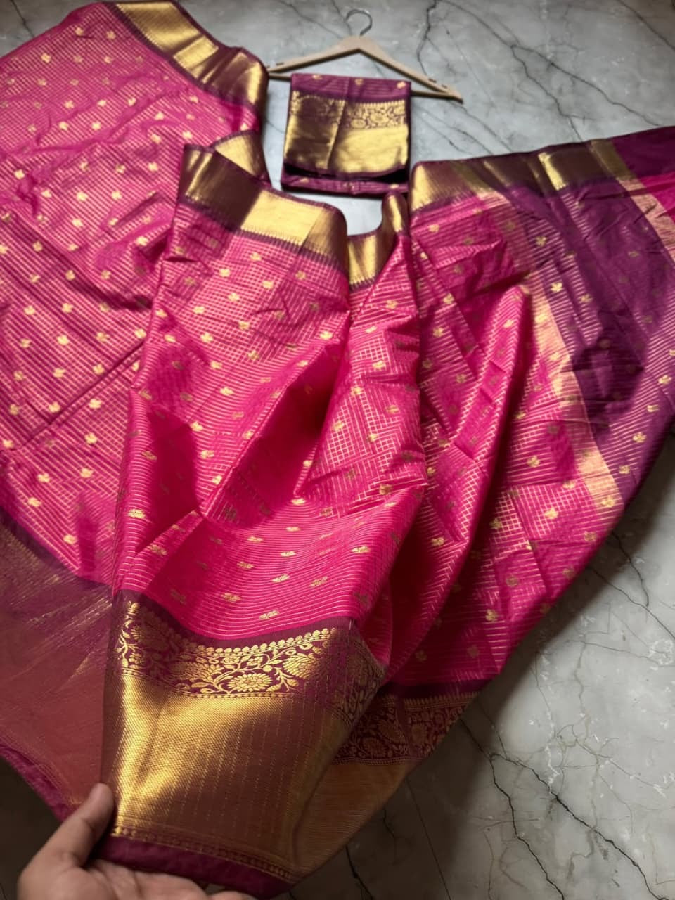 Rich Rani Pink Semi Katan Silk Banarasi Saree with Heavy Golden Zari Border & Buti Work