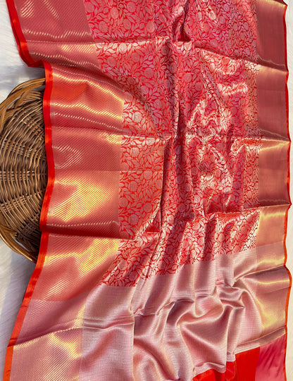 Graceful Red Banarasi Semi Katan Silk Saree with Silver Zari