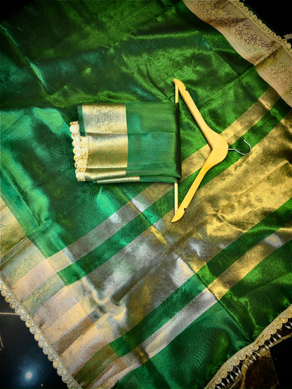 Royal Emerald Green Tissue Saree – Exclusive Attached Lace Work