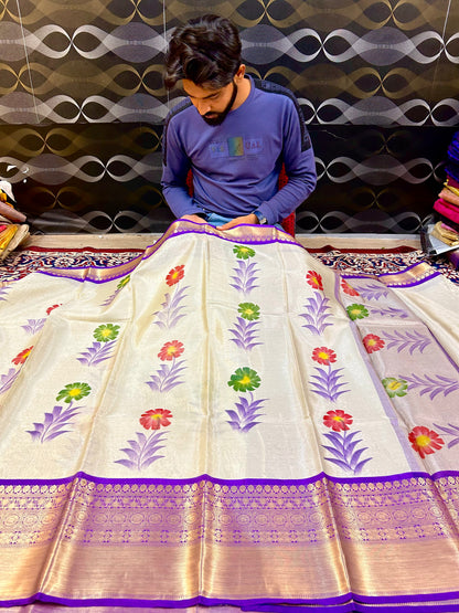 Radiant Premium Banarasi Tissue Saree with Hand Brush Print