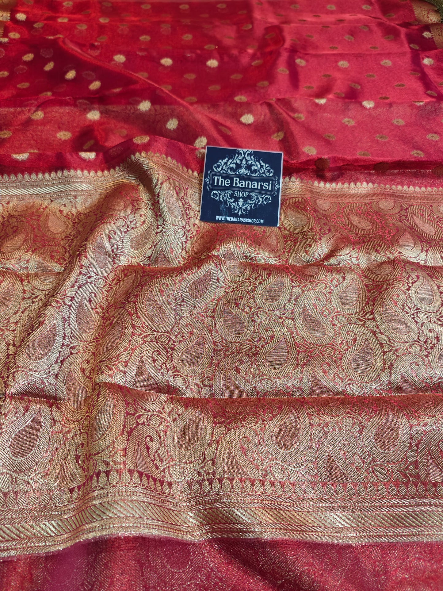Premium Banarasi Tissue Saree with Golden Zari & Attached Lace Border – Red Bridal Edition
