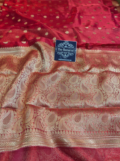 Premium Banarasi Tissue Saree with Golden Zari & Attached Lace Border – Red Bridal Edition