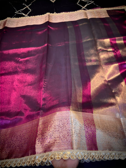 Exclusive Wine Maroon Tissue Attach Lace Work Saree