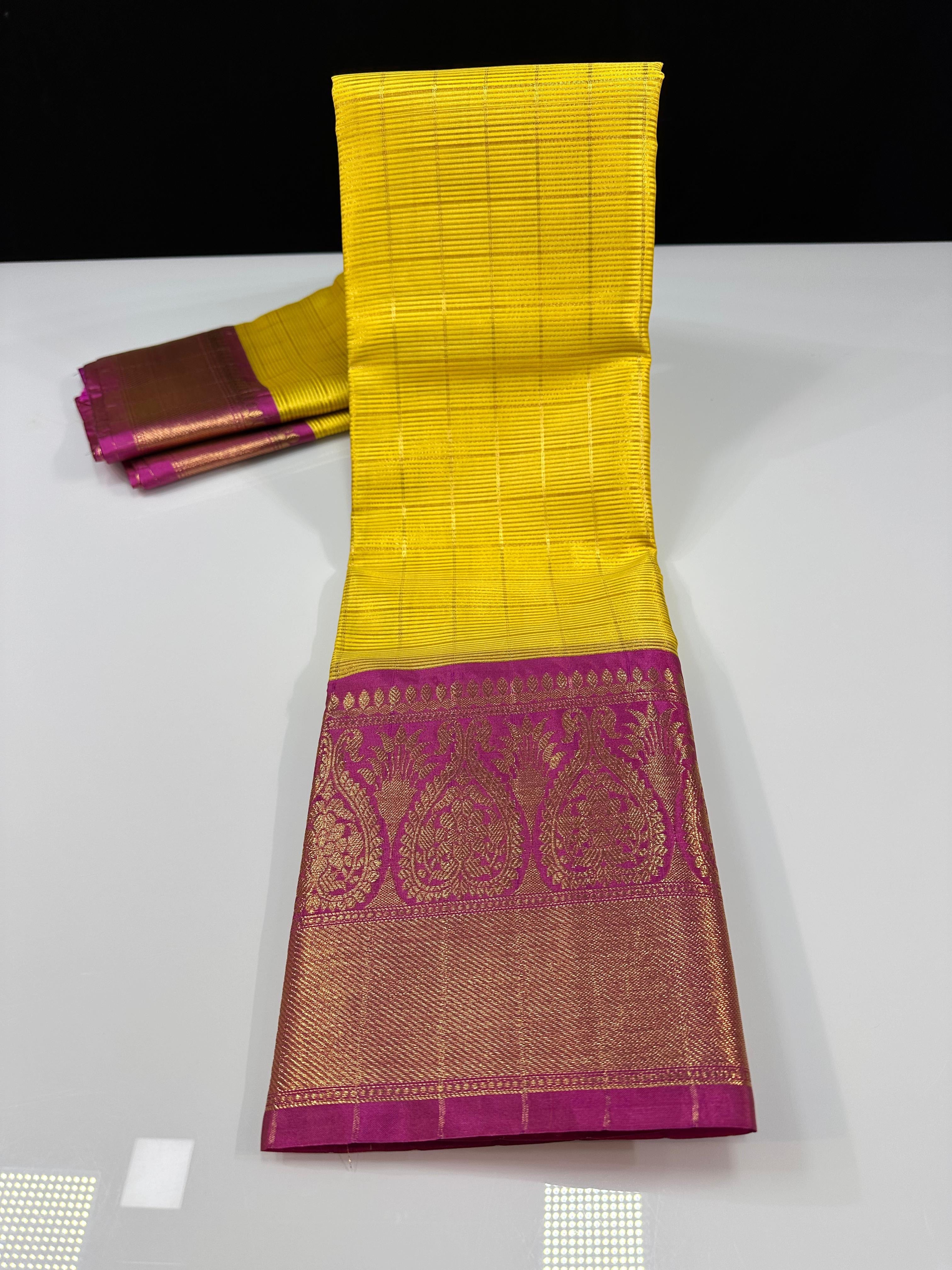 Bright Yellow Semi Katan Silk Banarasi Saree with Pink Border & Rich Zari Work | Festive Wear