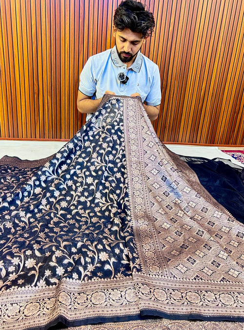 THE ROYAL NAVY BLUE BANARASI KHADDI GEORGETTE SILK SAREE