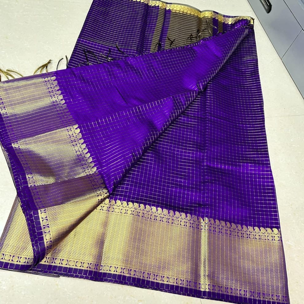 Celebrity Inspired Royal Purple Katan Silk Saree with Golden Zari Border & Checks