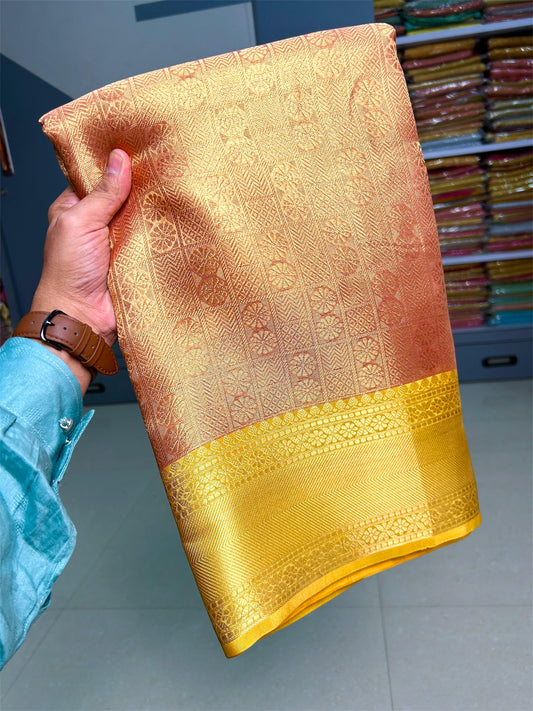 Golden Peach Banarasi Tissue Saree with Zari Border
