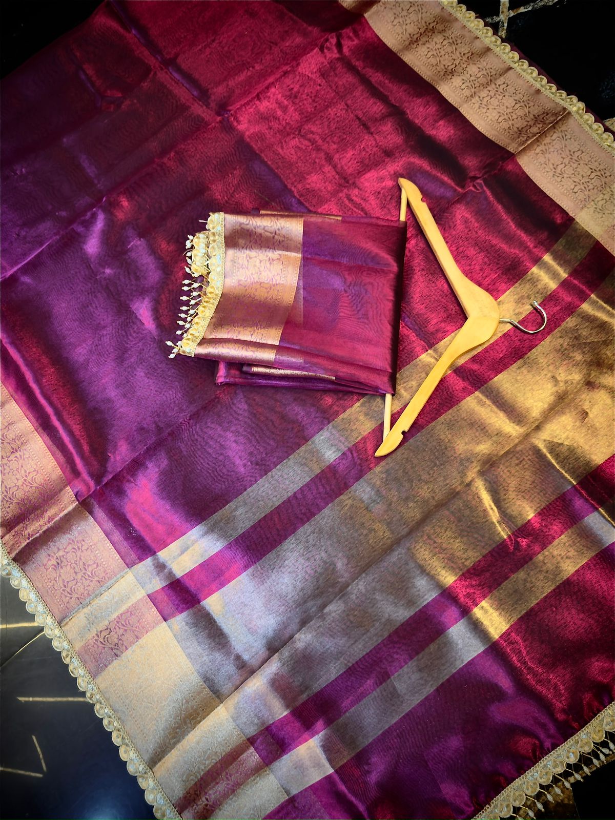 Exclusive Wine Maroon Tissue Attach Lace Work Saree