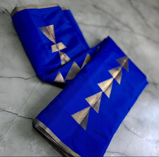 Celebrity Inspired - Royal Blue Soft Silk Saree with Golden Triangle Motifs