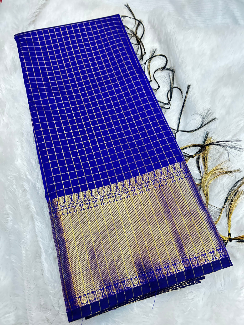 Royal Blue Semi Katan Silk Banarasi Saree with Golden Zari Border | Elegant Wedding Saree