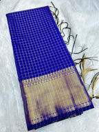 Royal Blue Semi Katan Silk Banarasi Saree with Golden Zari Border | Elegant Wedding Saree