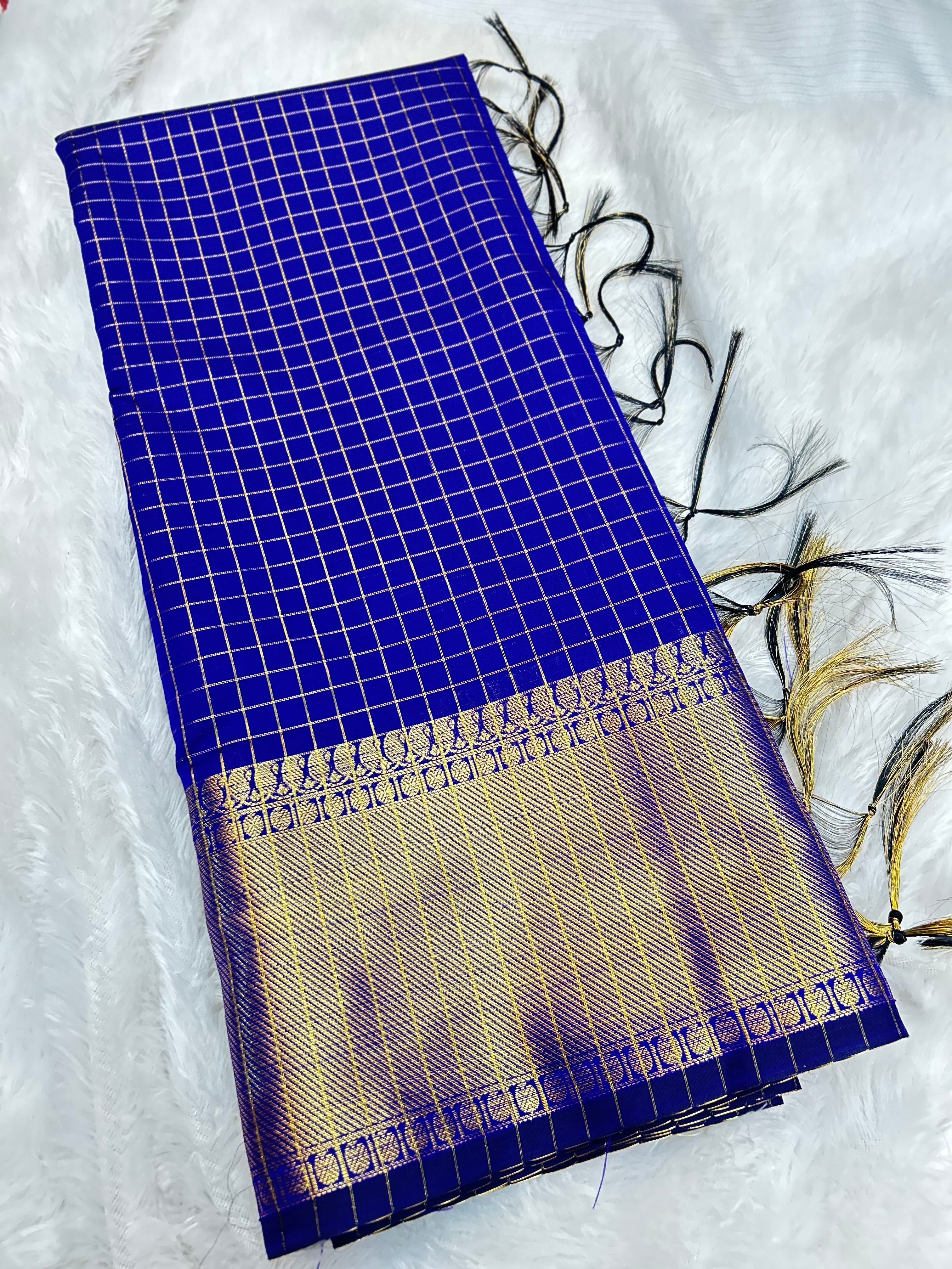Royal Blue Semi Katan Silk Banarasi Saree with Golden Zari Border | Elegant Wedding Saree