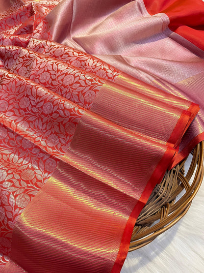 Graceful Red Banarasi Semi Katan Silk Saree with Silver Zari