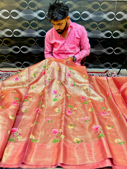 Elegant Pink Tissue Saree with Fancy Embroidery Work