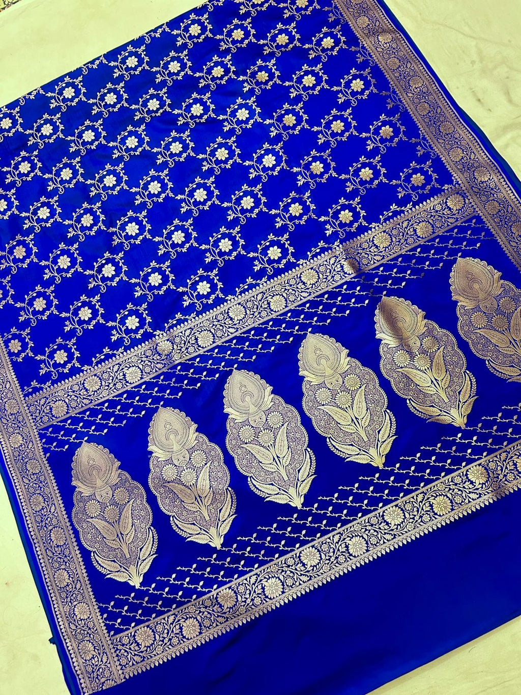 Royal Elegant Blue Mashroo Katan Silk Saree with Silver Zari Floral Jaal & Rich Border