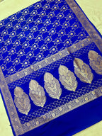 Royal Elegant Blue Mashroo Katan Silk Saree with Silver Zari Floral Jaal & Rich Border