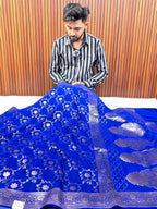 Royal Elegant Blue Mashroo Katan Silk Saree with Silver Zari Floral Jaal & Rich Border