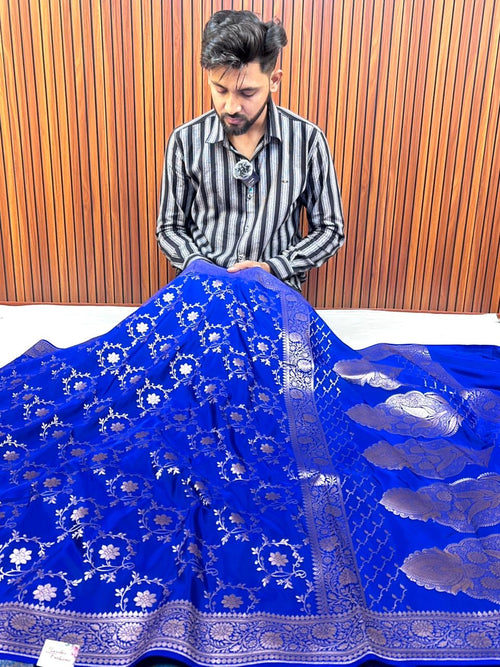 Royal Elegant Blue Mashroo Katan Silk Saree with Silver Zari Floral Jaal & Rich Border