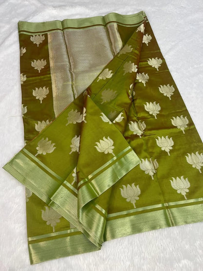 Elegant Olive Green Gold Banarasi Katan Semi Silk Saree