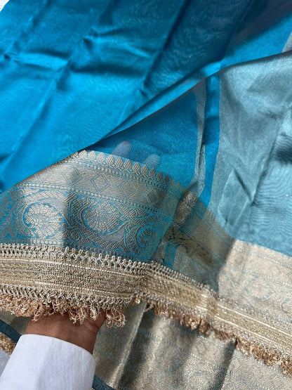 Teal Blue Banarasi Tissue Silk Saree with Zari Border With Attach Lace Work