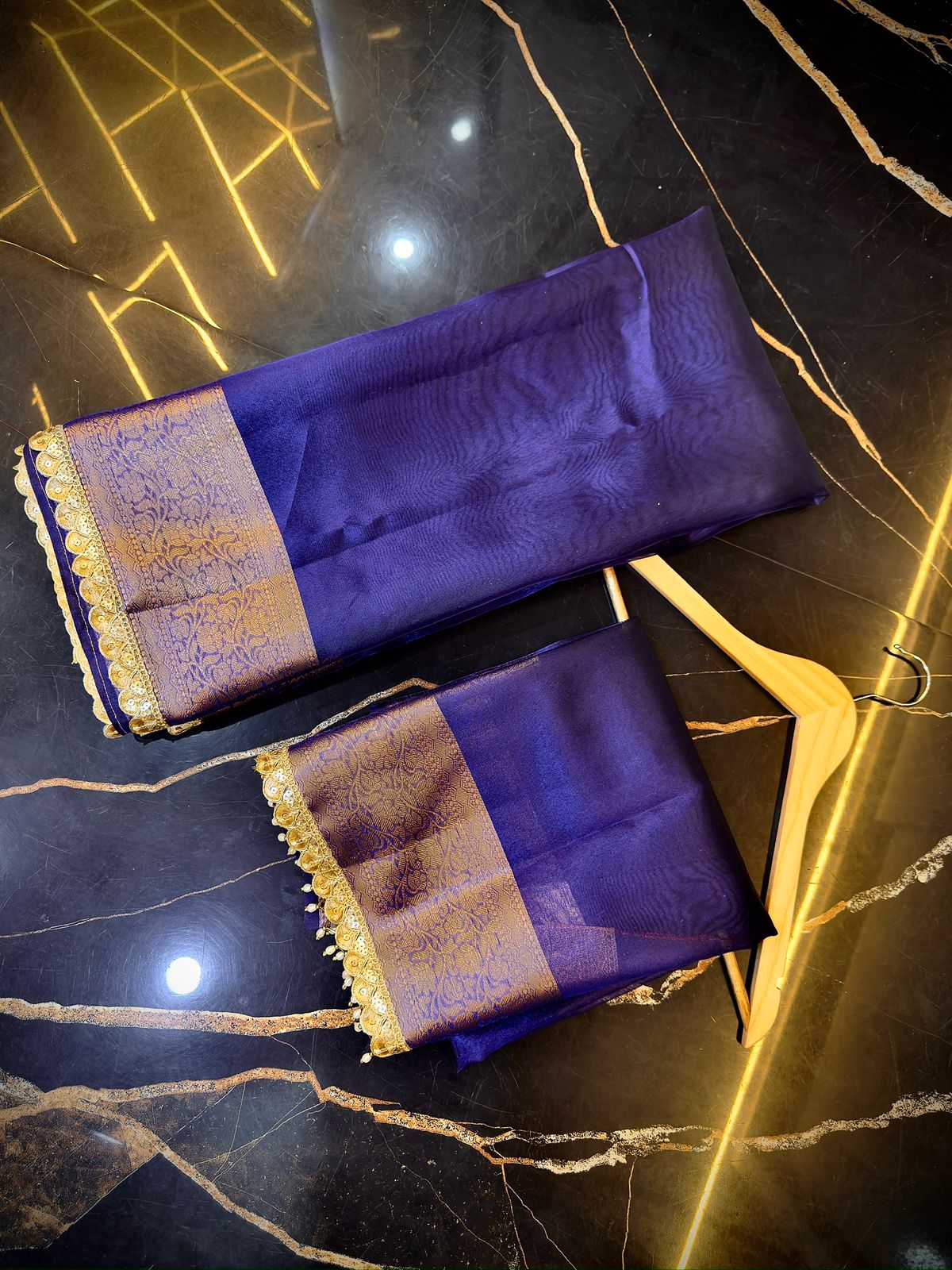 Royal Blue Tissue Attach Lace Work Banarasi Saree