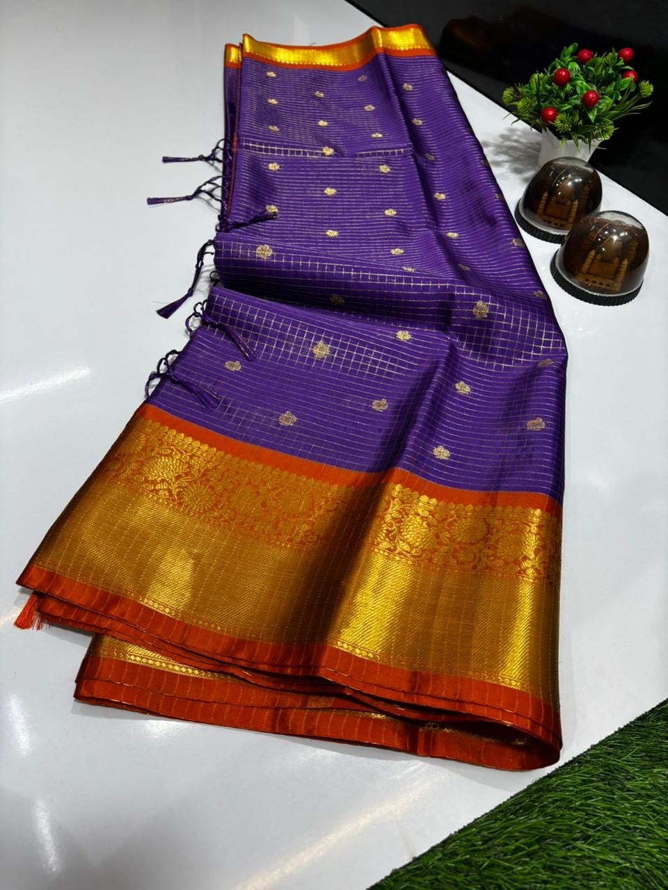 Royal Purple Katan Silk Banarasi Saree with Rich Gold Zari Border | Premium Handloom Elegance