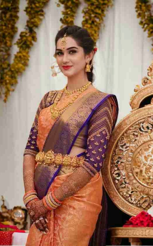 Elegant Orange & Blue Semi Katan Silk Banarasi Saree with Golden Zari