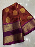 Royal Maroon Semi Katan Silk Banarasi Saree with Purple Border & Rich Zari Buti | Wedding Wear