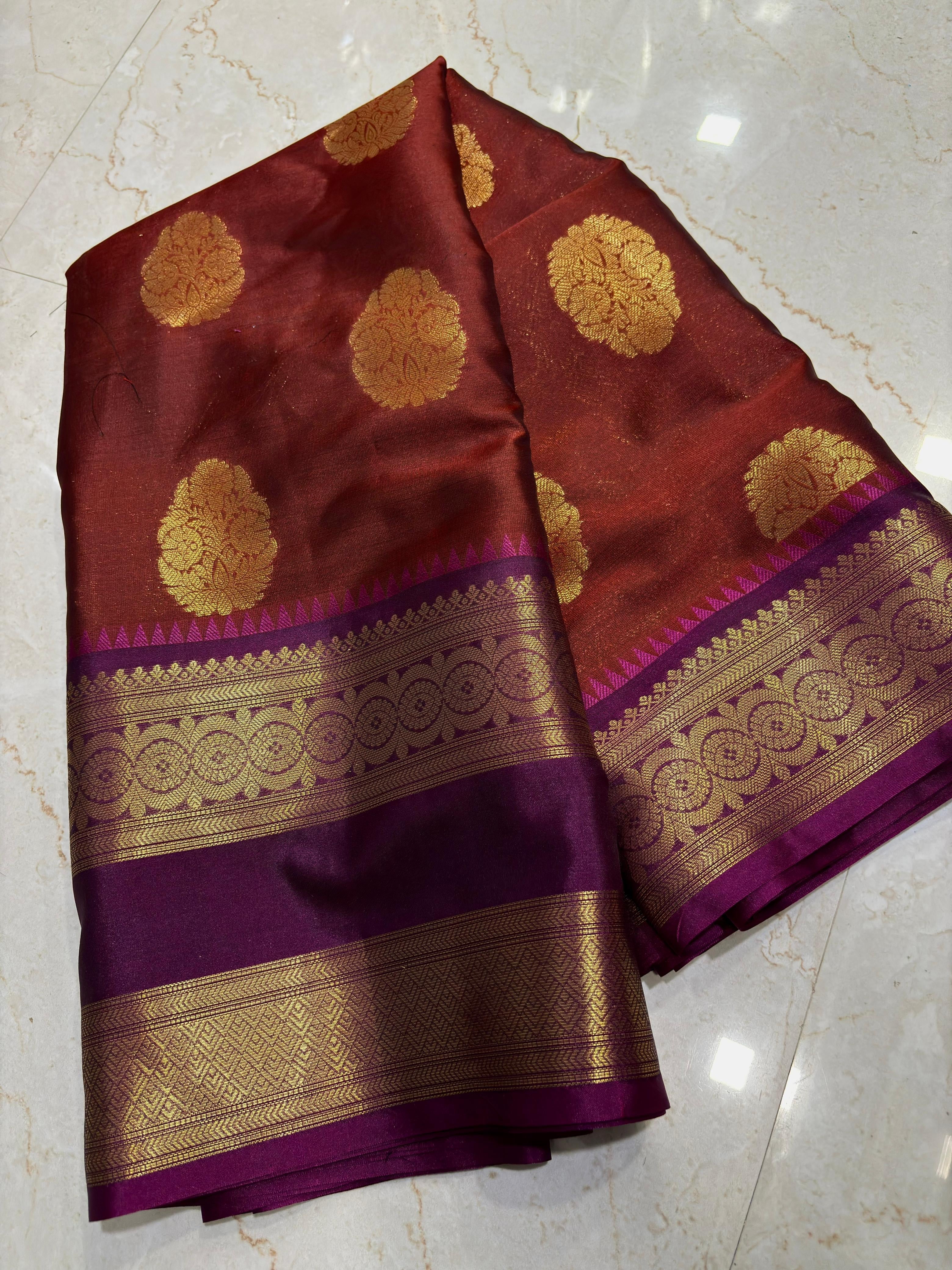 Royal Maroon Semi Katan Silk Banarasi Saree with Purple Border & Rich Zari Buti | Wedding Wear