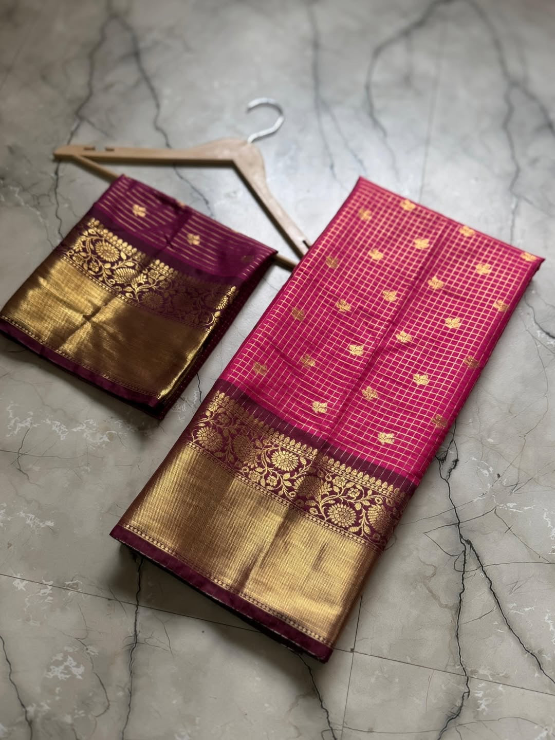 Rich Rani Pink Semi Katan Silk Banarasi Saree with Heavy Golden Zari Border & Buti Work