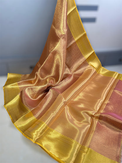 Golden Peach Banarasi Tissue Saree with Zari Border
