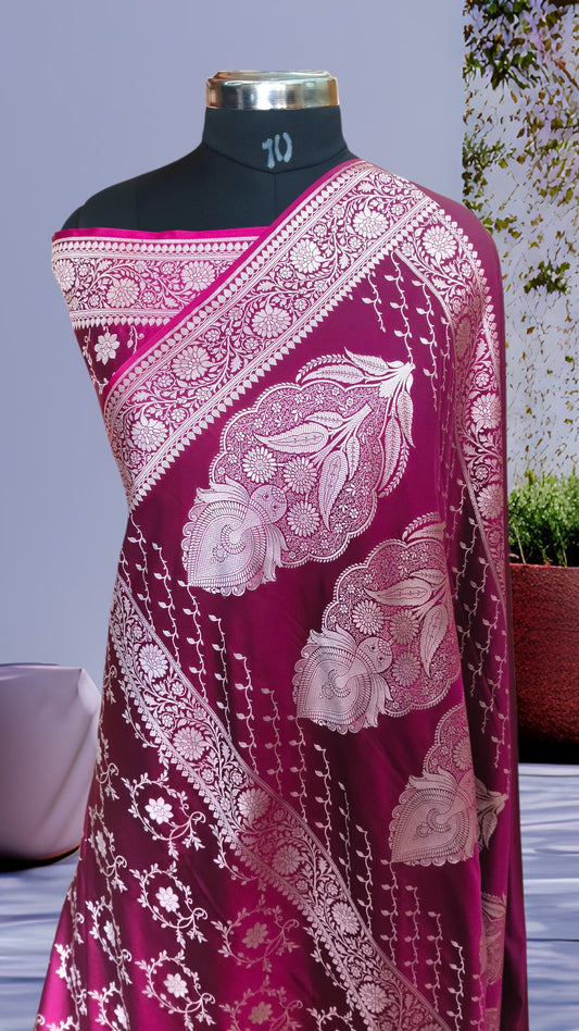 Handwoven Banarasi Silk Saree | Rich Floral Jaal | Elegant Magenta Drape