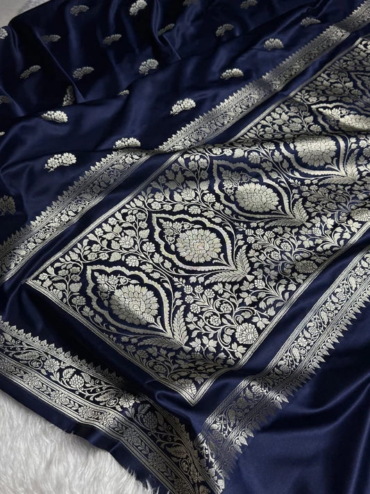 Designer Mashru Katan Silk Banarasi Saree with Intricate Silver Zari (Available in 3 Colours)