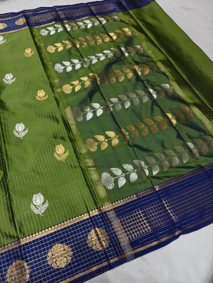 Premium Green Floral Zari Banarasi Katan Silk Saree with Royal Blue Border