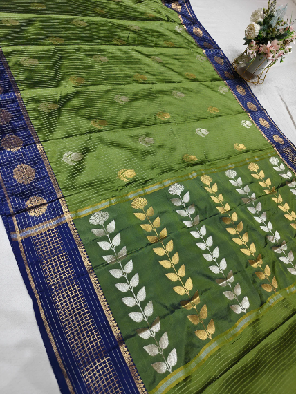 Premium Green Floral Zari Banarasi Katan Silk Saree with Royal Blue Border