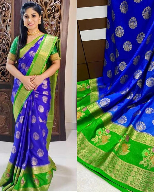 Radiant Royal Blue Warm Silk Saree with Vibrant Green Contrast Border