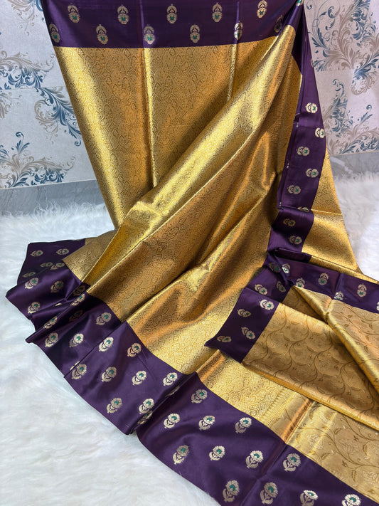 Premium Katan Tissue Saree with Brocade Pallu & Blouse – Golden & Purple