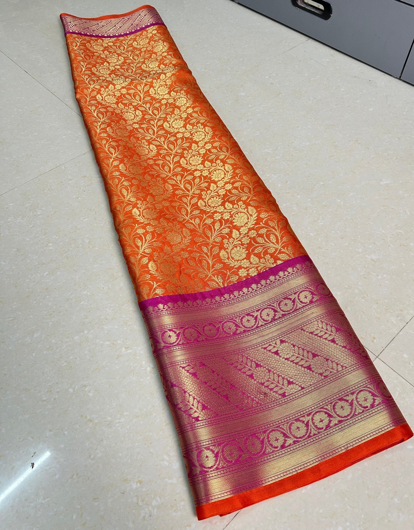 Premium Banarasi Katan Semi Silk Saree – Orange with Pink Zari Border | Bridal & Festive Wear