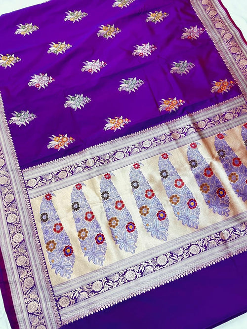 Elegant Royal Purple Mashroo Katan Banarasi Silk Saree with Multicolor Floral Zari & Designer Pallu